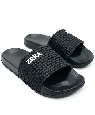 Picture of Men's Premium Black Woven Slide Slipper Sandals | Trendy Designer Checkered EVA Comfort Shoes | Non-Slip, Indoor & Outdoor Flats (Men's Black Slide Slippers)