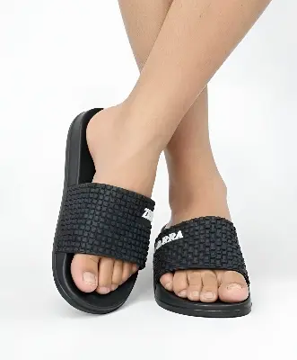 Picture of Men's Premium Black Woven Slide Slipper Sandals | Trendy Designer Checkered EVA Comfort Shoes | Non-Slip, Indoor & Outdoor Flats (Men's Black Slide Slippers)