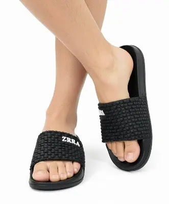 Picture of Men's Premium Black Woven Slide Slipper Sandals | Trendy Designer Checkered EVA Comfort Shoes | Non-Slip, Indoor & Outdoor Flats (Men's Black Slide Slippers)