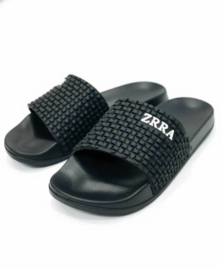 Picture of Men's Premium Black Woven Slide Slipper Sandals | Trendy Designer Checkered EVA Comfort Shoes | Non-Slip, Indoor & Outdoor Flats (Men's Black Slide Slippers)