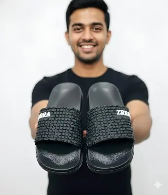 Picture of Men's Premium Black Woven Slide Slipper Sandals | Trendy Designer Checkered EVA Comfort Shoes | Non-Slip, Indoor & Outdoor Flats (Men's Black Slide Slippers)