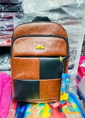 Picture of Viral CAT Design Faux Leather Laptop Backpack for Men & Women | Stylish Tan & Black Checkered College, Office & Travel Bag | Durable PU Leather, Multi-pocket Organizer