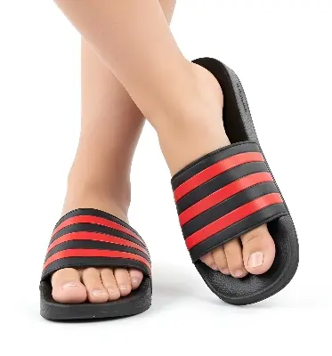 Picture of Adilette Style Slides for Men & Boys | Premium Black & Red 3-Stripes Comfort Slippers | Soft & Lightweight EVA Waterproof Sandals