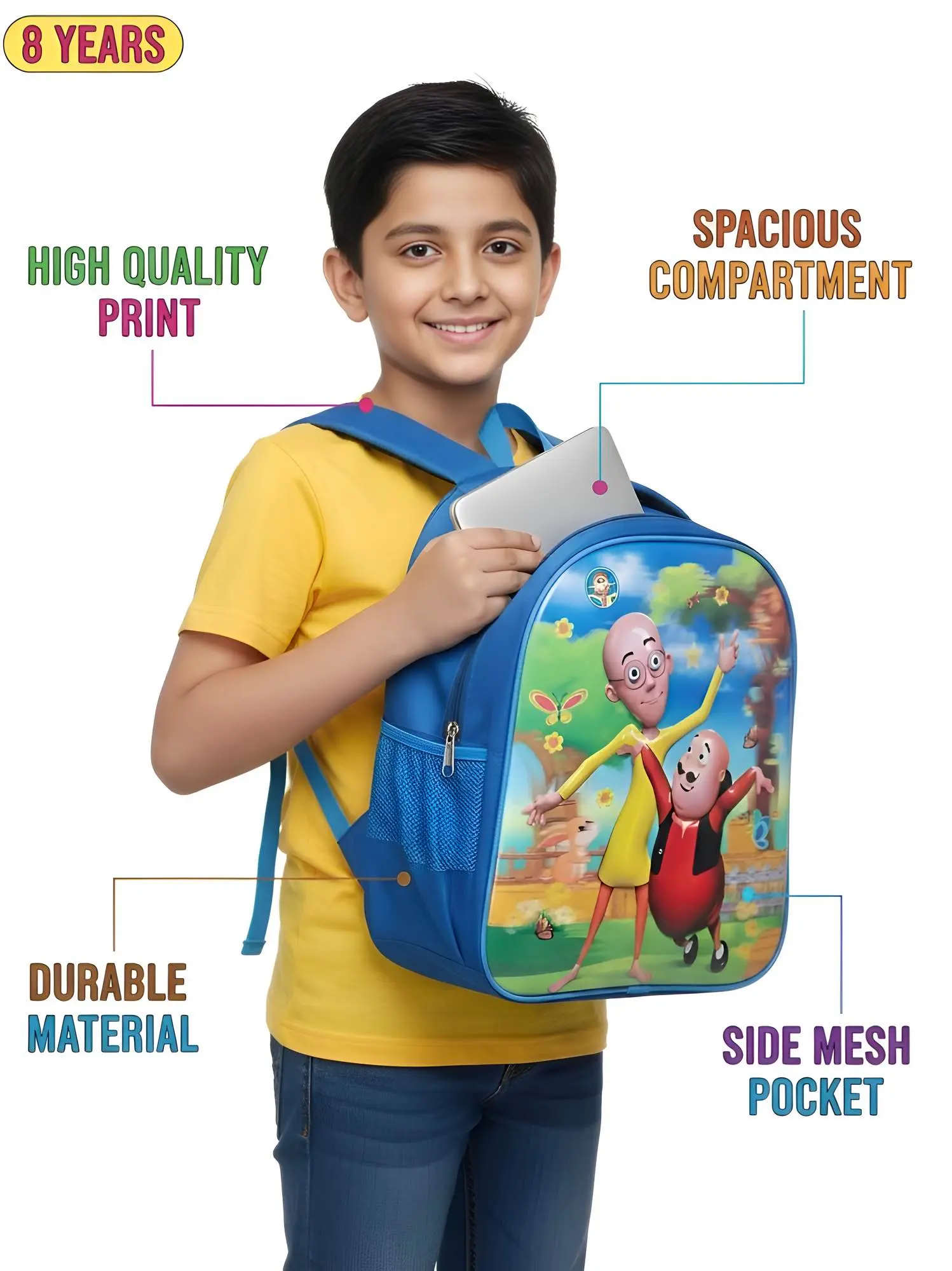 Picture of Viral Motu Patlu Kids Backpack: The Ultimate School & Travel Bag for 5-14 Year Olds! - Durable, Multi-Compartment & Super Trendy