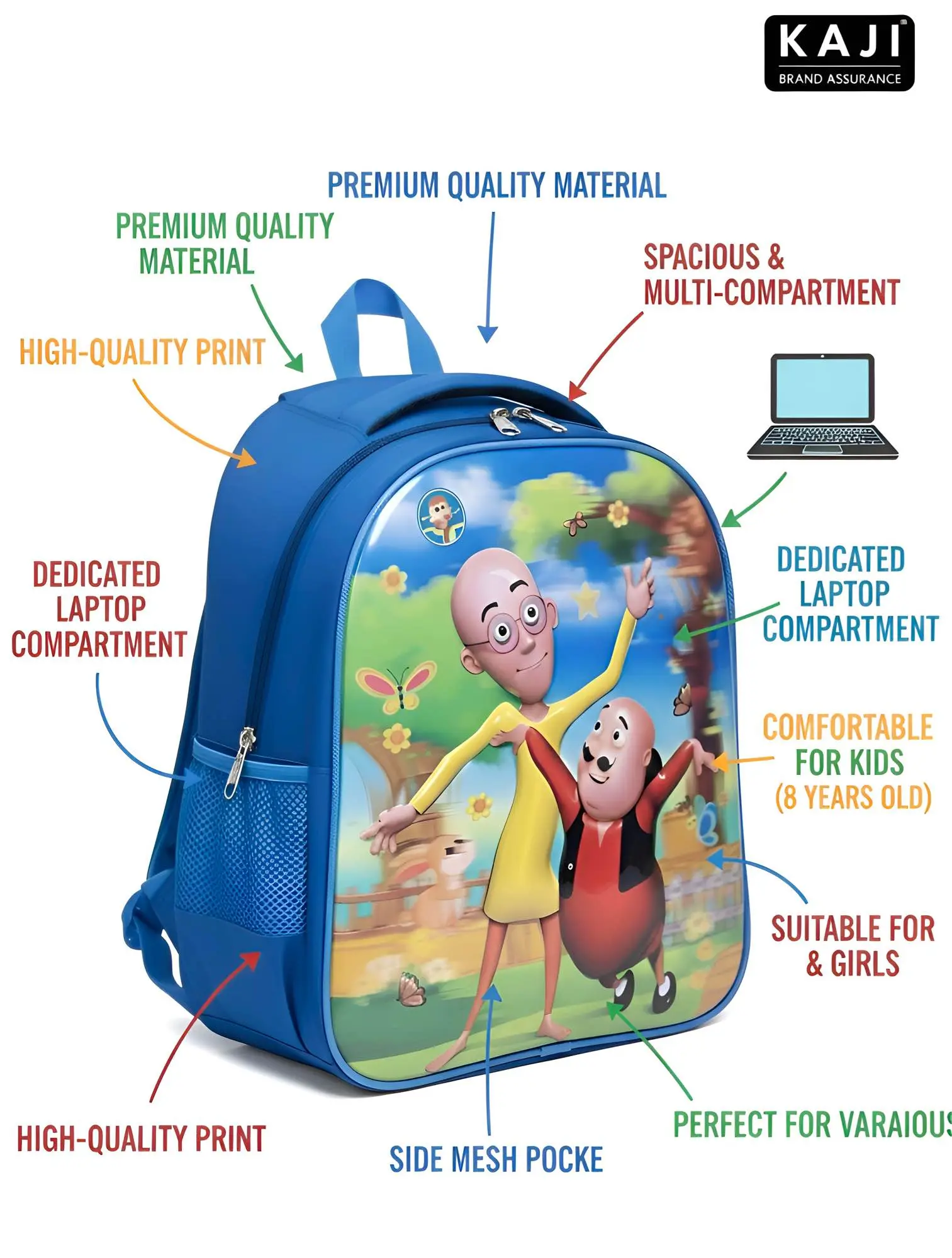 Picture of Trendy Motu Patlu Backpack for 5 to 14 Years Old - Durable & Multi-Compartment Kids Bag - Ideal for School & Travel