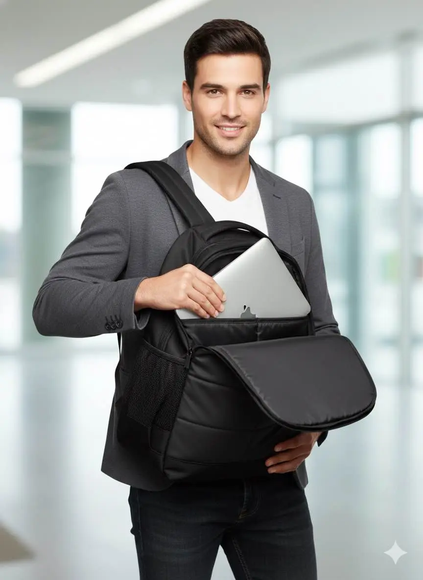 Picture of Premium HP Stylish Quilted Black Laptop Backpack 15.6 Inch | Waterproof & Durable Travel, College, Office Bag for Men & Women