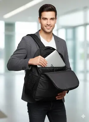 Picture of Premium HP Stylish Quilted Black Laptop Backpack 15.6 Inch | Waterproof & Durable Travel, College, Office Bag for Men & Women