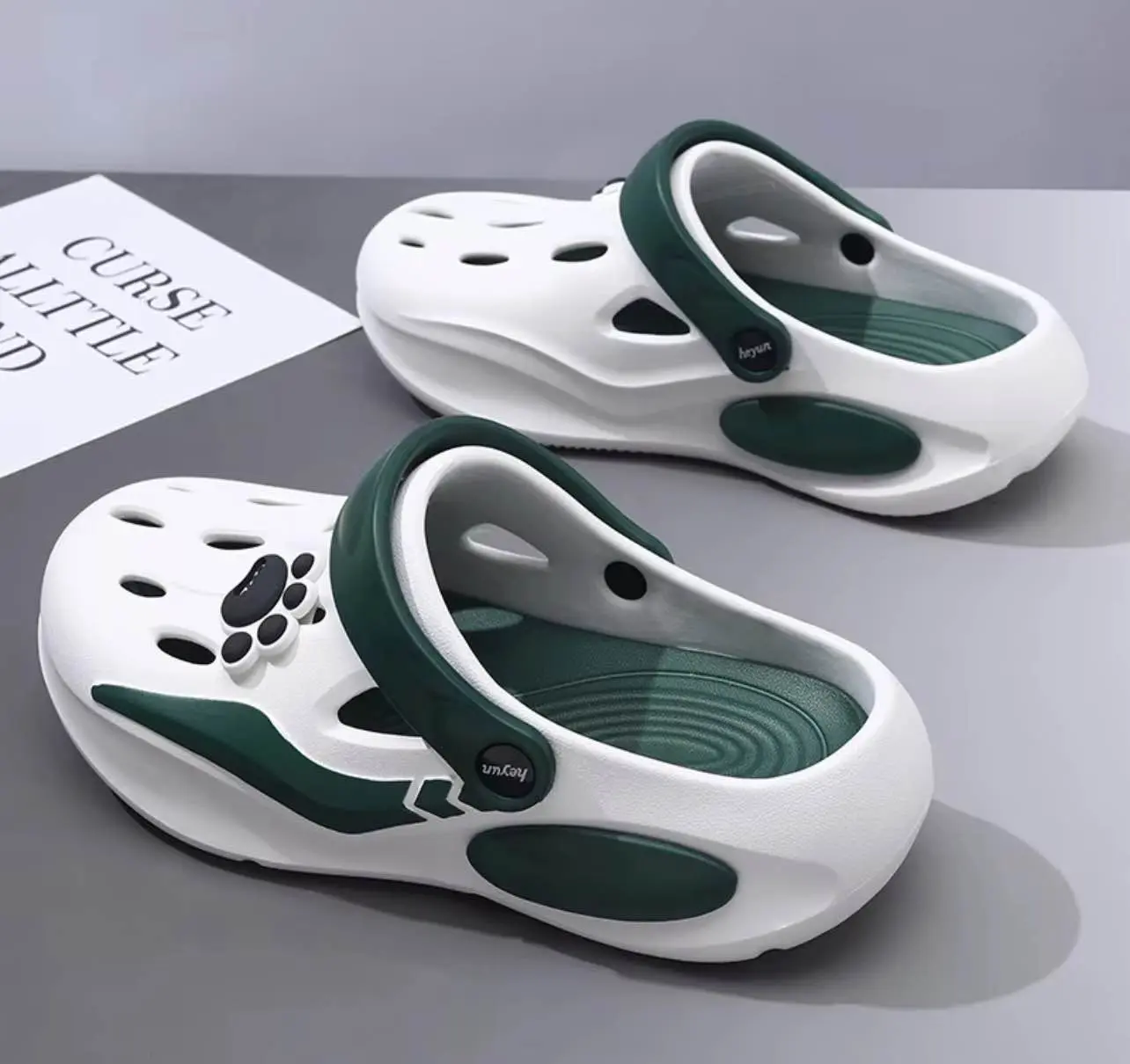 Picture of 1 Pair Men's Slip-On Clogs - Lightweight Cushioned Sole, Beige/Green/Black/White/Gray/Black Paw Print - All-Terrain Indoor/Outdoor Slippers for Beach, Pool,, Home - Easy On/Off Summer (No Laces)