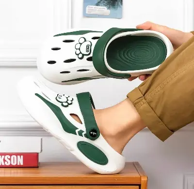 Picture of Men’s Anti-Slip Clog Slippers – Heavy-Duty TPR Sole, Soft PU Upper with Paw-Print Grip | Comfortable Slip-On Indoor/Outdoor House Slides | Brown/White/Gray | Daily Wear, Travel & Holiday Essential Footwear