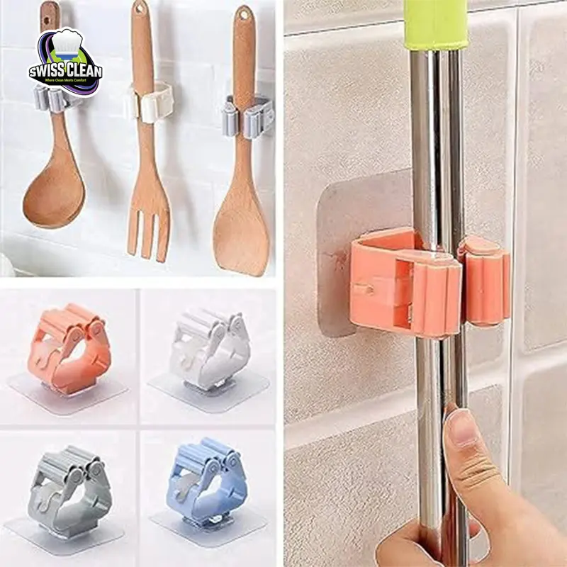 Picture of 2pcs Mop Holder Wall Mounted – Broom Holder Rack Organizer for Home, Bathroom & Kitchen Cleaning Tool Storage