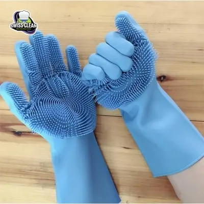 Picture of 1 Pair Silicone Dish Washing Kitchen Hand Gloves – Heat Resistant Scrubbing Gloves for Washing Dishes, Fruits & Household Cleaning (Multicolor)