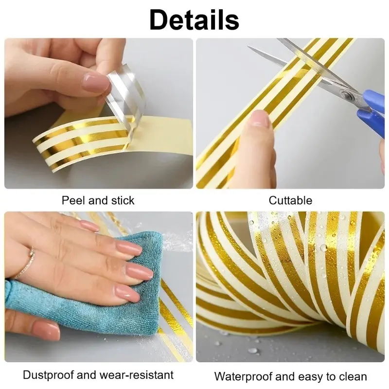 Picture of 3 Line waterproof 1 Roll of 5M Ceramic Tile Gap/Gold Mildew-Proof Self-Adhesive Gap Tape/Sealing Foil with Wall Tile Floor Sticker(Gold)