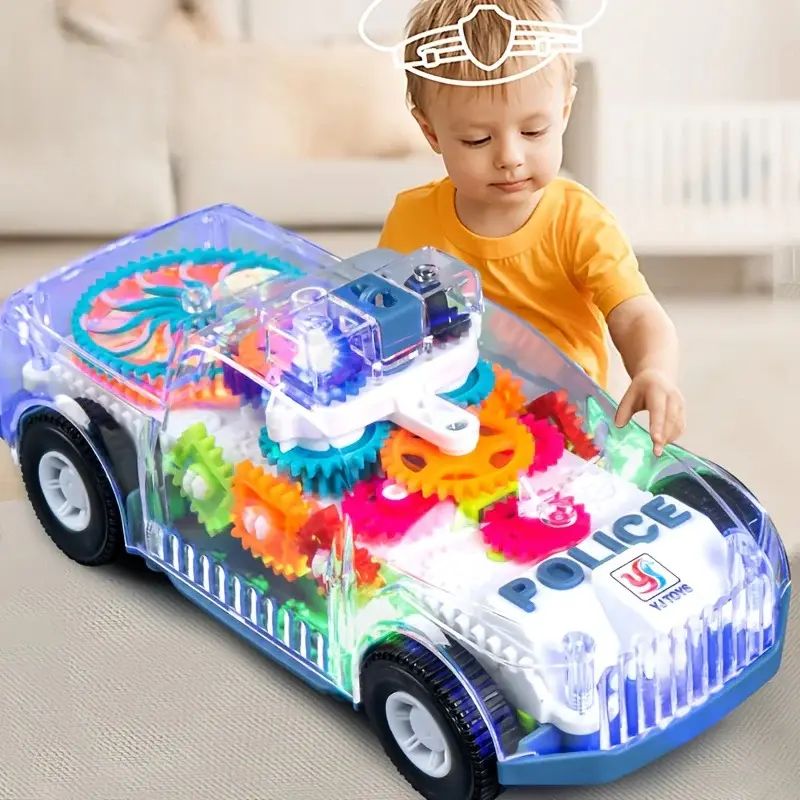 Picture of Light Up Transparent Gears Police Car Toy for Kids Bump and Go Toy Car for Boys Girl Educational Baby Toys Car Music LED EffectsTransparent