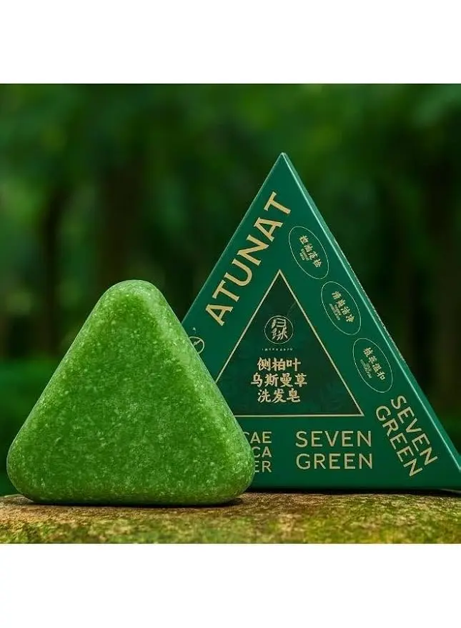 Picture of Nature Triangle Shampoo Bar, Nature Seven Green Soap Shampoo, Natural Usman Grass Hair Shampoo Bar for Women & Men, Solid Shampoo and Conditioner Bars for All Hair Types-120g