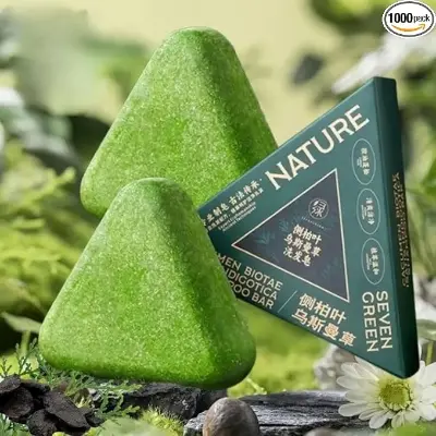 Picture of Nature Triangle Shampoo Bar, Nature Seven Green Soap Shampoo, Natural Usman Grass Hair Shampoo Bar for Women & Men, Solid Shampoo and Conditioner Bars for All Hair Types-120g