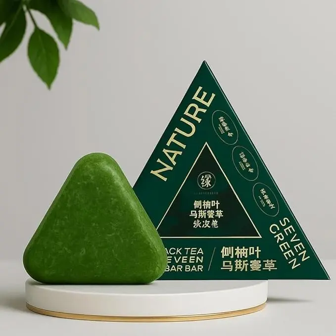 Picture of Nature Triangle Shampoo Bar, Nature Seven Green Soap Shampoo, Natural Usman Grass Hair Shampoo Bar for Women & Men, Solid Shampoo and Conditioner Bars for All Hair Types-120g