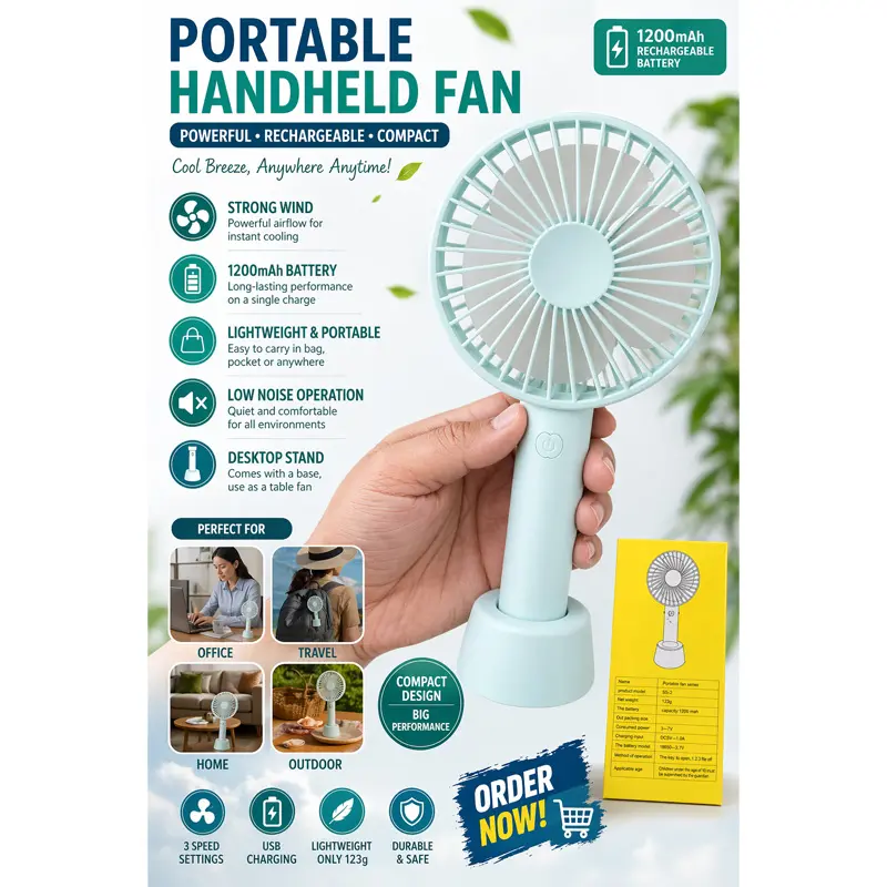 Picture of Rechargeable Portable Handheld Fan with Stand – 1200mAh USB Mini Desk Fan, 3 Speed Cooling Fan for Home, Office & Travel
