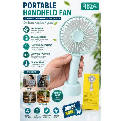 Picture of Rechargeable Portable Handheld Fan with Stand – 1200mAh USB Mini Desk Fan, 3 Speed Cooling Fan for Home, Office & Travel