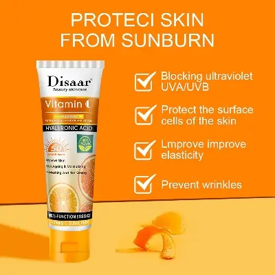 Picture of DISAAR BEAUTY Vitamin C Sunscreen Orange Extract Hyaluronic Acid SPF50 UVA/UVB PA+++ Moisturizing Refreshing Skin 50g