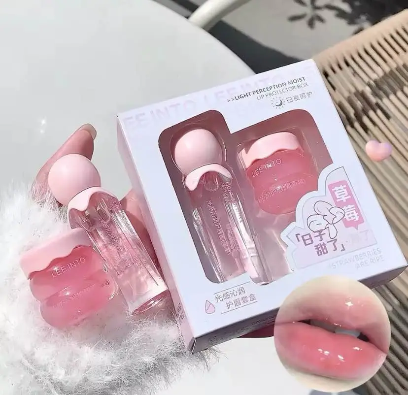 Picture of LEE INTO Strawberry Lightweight Lips Set Clear Glass Moisturizing Lip Balm Transparent Lip Oil Hydrating Jelly Day & Night Lip Mask Settle
