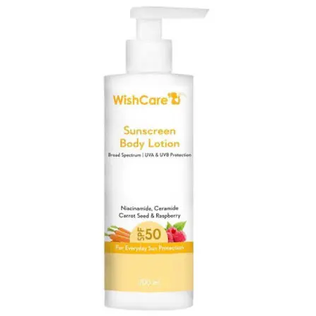 Picture of WishCare SPF50 Sunscreen Body Lotion - Broad Spectrum - UVA & UVB Protection with No White Cast - With Carrot Seed & Raspberry - For Men & Women - 200 Ml