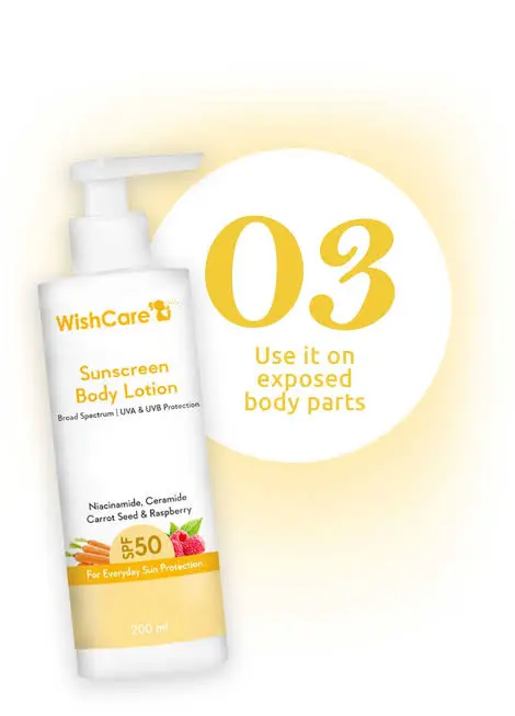 Picture of WishCare SPF50 Sunscreen Body Lotion - Broad Spectrum - UVA & UVB Protection with No White Cast - With Carrot Seed & Raspberry - For Men & Women - 200 Ml