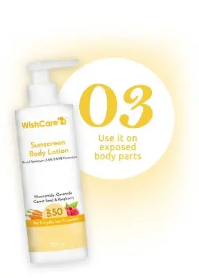 Picture of WishCare SPF50 Sunscreen Body Lotion - Broad Spectrum - UVA & UVB Protection with No White Cast - With Carrot Seed & Raspberry - For Men & Women - 200 Ml