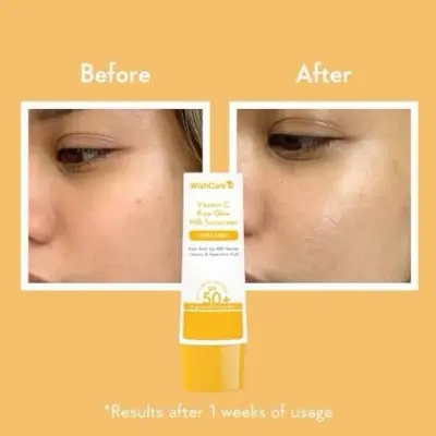 Picture of WishCare Vitamin C Pure Glow Milk Sunscreen SPF 50 PA++++ - Ultra Light Weight, Oil Free with Broad Spectrum Protection & No White Cast - 50g