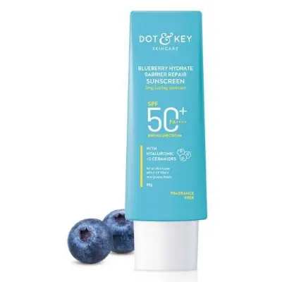 Picture of Dot & Key Blueberry Hydrate Barrier Repair Sunscreen 80gm SPF50+ PA++++ | For Dry & Sensitive Skin | Non - Greasy Finish | No White Cast | UV & Blue Light Protection | Broad Spectrum