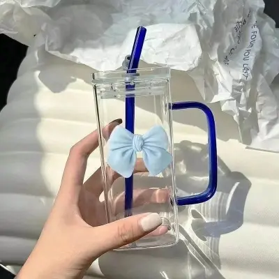 Picture of 350 ml Square Mug With Lids and Straws With Bow Water Cup Household Cup Female Milk Coffee Cups With Blue Handle Gift