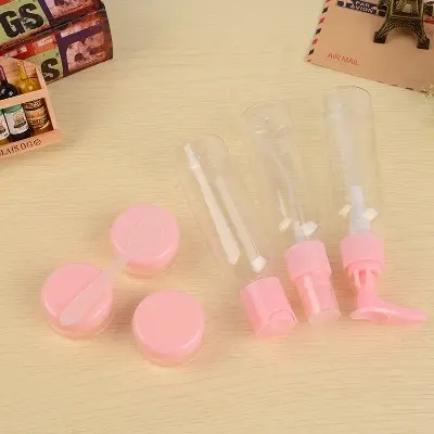 Picture of 6pcs Makeup Travel Plastic Cosmetic Transparent Bottle Set Spray Cream Refillable Lotion Jar Storage Portable Zipper Wash Bag PVC Box - Pink