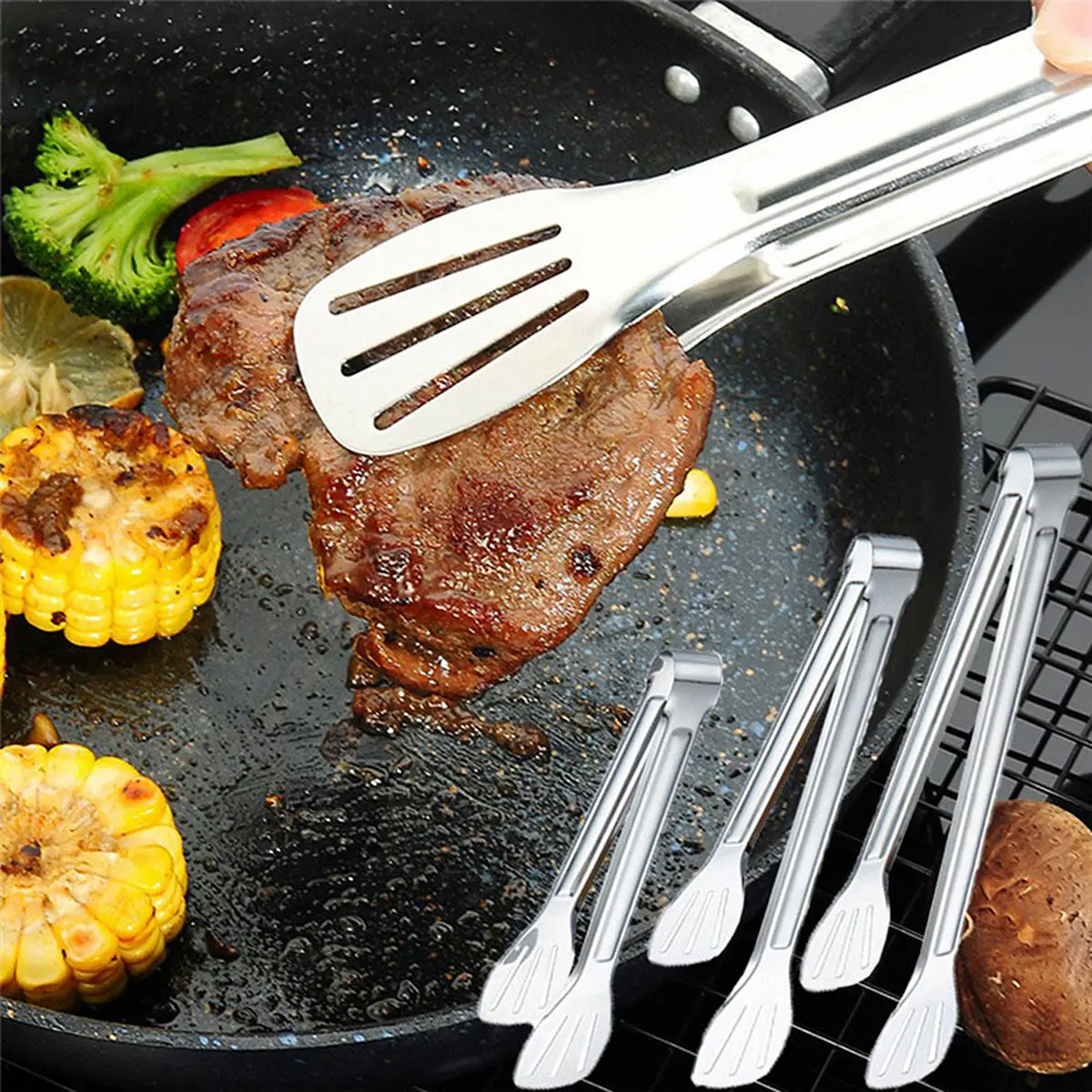 Picture of Stainless Steel Food Tongs Kitchen Tongs Utensil Cooking Tong Clip Clamp Accessories Salad Serving BBQ Tools - Silver