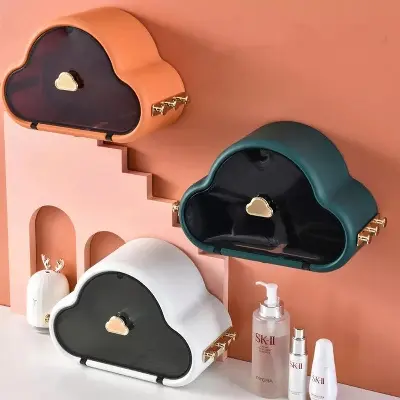 Picture of PunchFree SelfAdhesive Waterproof WallMounted Toilet Tissue Box Cover Multifunction Bathroom Storage Organizer Paper Holder - Multicolor