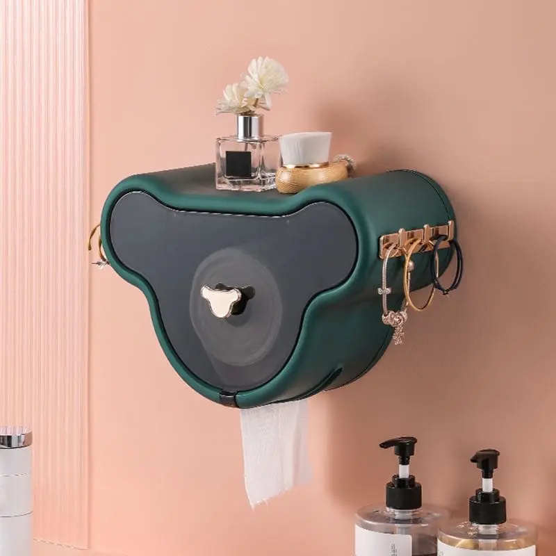 Picture of PunchFree SelfAdhesive Waterproof WallMounted Toilet Tissue Box Cover Multifunction Bathroom Storage Organizer Paper Holder - Multicolor