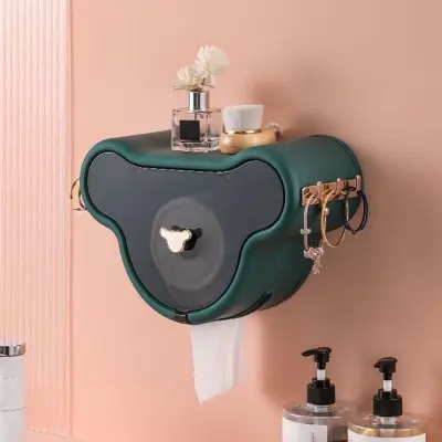 Picture of PunchFree SelfAdhesive Waterproof WallMounted Toilet Tissue Box Cover Multifunction Bathroom Storage Organizer Paper Holder - Multicolor