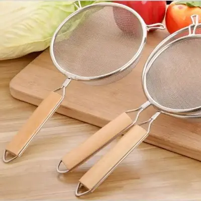 Picture of Colander Portable Expandable Stainless Steel Wooden Handle Oil Strainer for Kitchen - Brown