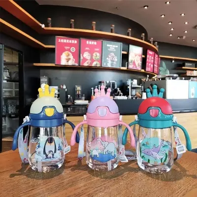 Picture of 350 ml children’s baby kindergarten students kids cartoon portable handle strap plastic water bottle cup food grade plastic - Multicolor