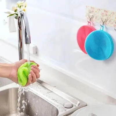Picture of 3 pcs Silicone Dish Washing Sponge Scrubber Cleaning Antibacterial Kitchen Tools Kitchen Cleaning Accessories - Multicolor