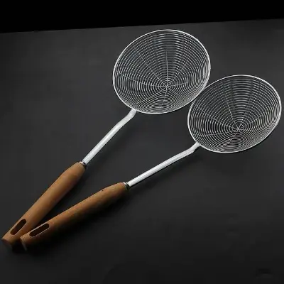 Picture of Skimmer Spoon Kitchen Skimmer Stainless Steel Slotted Serving Spoon Professional Skimmers Spoon with Heat Wooden Handle Kitchen Utensil Cooking Strainer - Brown