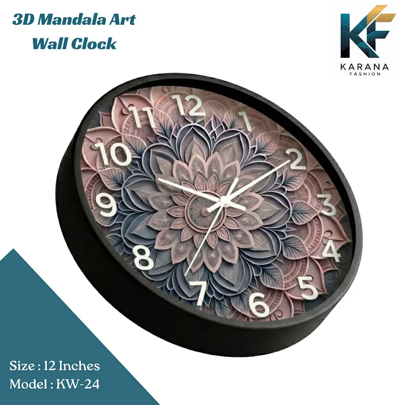 Picture of Karana Fashion (KW24) 12-Inch 3D Mandala Art Wall Clock - Elegant Dusty Rose & Slate Grey Geometric Décor - Black