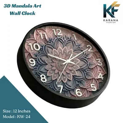 Picture of Karana Fashion (KW24) 12-Inch 3D Mandala Art Wall Clock - Elegant Dusty Rose & Slate Grey Geometric Décor - Black
