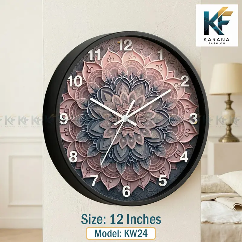 Picture of Karana Fashion (KW24) 12-Inch 3D Mandala Art Wall Clock - Elegant Dusty Rose & Slate Grey Geometric Décor - Black