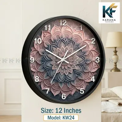 Picture of Karana Fashion (KW24) 12-Inch 3D Mandala Art Wall Clock - Elegant Dusty Rose & Slate Grey Geometric Décor - Black