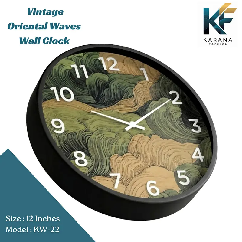 Picture of Karana Fashion (KW22) 12-Inch Vintage Oriental Waves Wall Clock - Abstract Japanese Art Style Home Décor - Black
