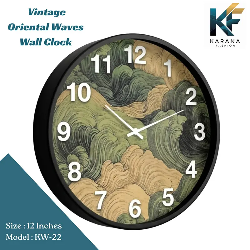 Picture of Karana Fashion (KW22) 12-Inch Vintage Oriental Waves Wall Clock - Abstract Japanese Art Style Home Décor - Black