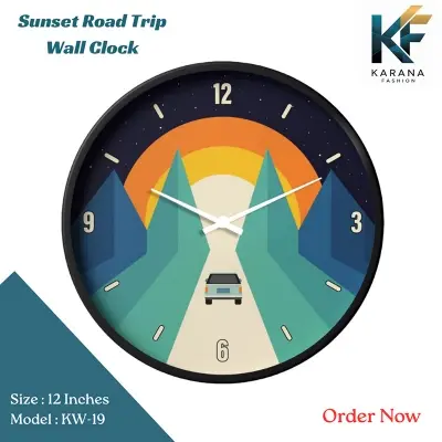 Picture of Karana Fashion (KW19) 12-Inch Sunset Road Trip Wall Clock - Creative Minimalist Mountain Landscape Décor - Black