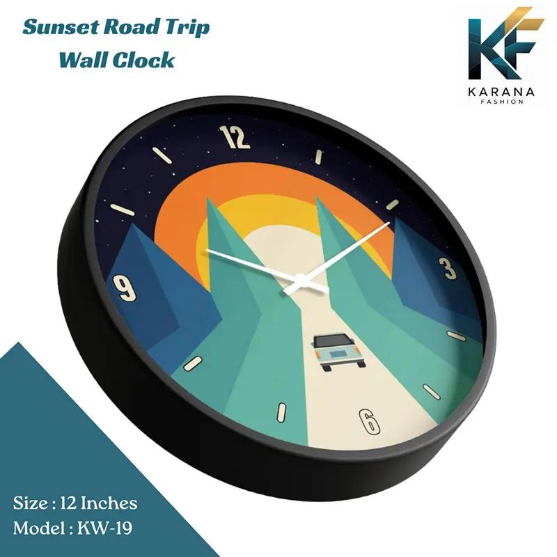 Picture of Karana Fashion (KW19) 12-Inch Sunset Road Trip Wall Clock - Creative Minimalist Mountain Landscape Décor - Black