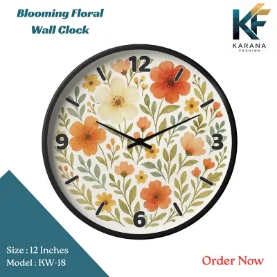 Picture of Karana Fashion (KW18) 12-Inch Blooming Floral Wall Clock - Elegant Orange & Cream Botanical Home Décor - Black