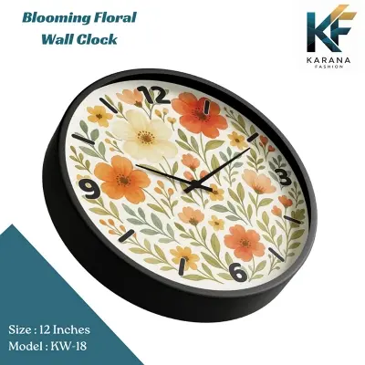 Picture of Karana Fashion (KW18) 12-Inch Blooming Floral Wall Clock - Elegant Orange & Cream Botanical Home Décor - Black