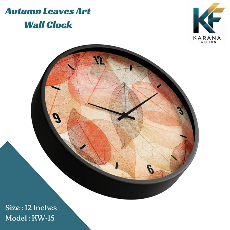 Picture of Karana Fashion (KW15) 12-Inch Autumn Leaves Wall Clock - Warm Skeleton Leaf Aesthetic Home Décor - Black